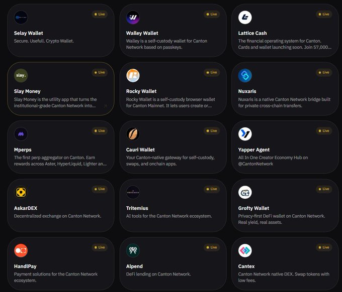 A directory listing various Canton Network applications marked as 'Live', including Selay Wallet, Walleye Wallet, Lattice Cash, Slay Money, Rocky Wallet, Nuxars, Mperps, Cauri Wallet, Yapper Agent, AskarDEX, Tritemius, Grofty Wallet, HandiPay, Alpend, and Cantex.