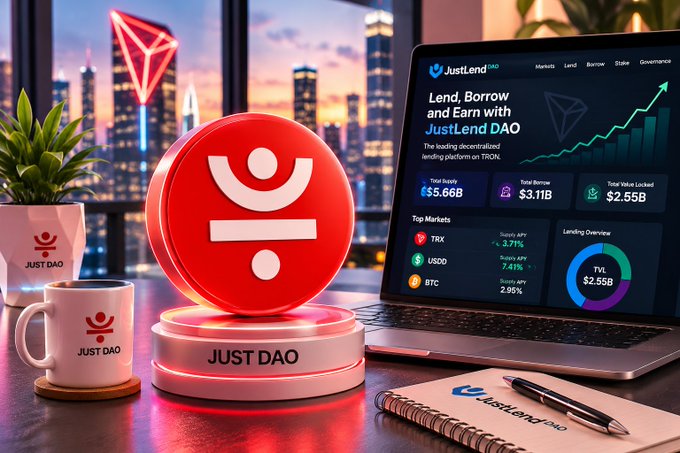 A promotional image for JustLend DAO and JUST DAO featuring a red logo on a pedestal, branded mugs, and a laptop displaying lending platform stats including "Total Supply $5.66B" and "Total Borrow $3.11B" against a city skyline backdrop.