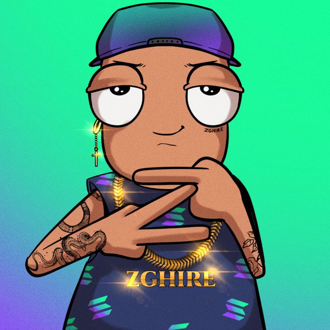 Digital artwork of a cartoon character with a cap, gold chain, cross earring, and tattoos, signed 'ZGHIRE' with the name displayed in gold text at the bottom.