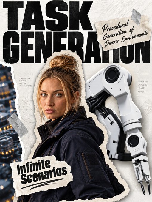 A collage-style graphic titled 'TASK GENERATION' with text 'Procedural Generation of Diverse Environments,' 'Simulation Ignite World Intelligence,' 'Generate Explore Learn Repeat,' and 'Infinite Scenarios,' featuring a young woman alongside a robotic arm.
