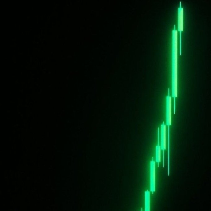 A financial chart on a black background displays an upward trend in green candlesticks, indicating rising prices or values.