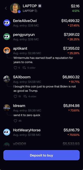 A mobile app screenshot showing a leaderboard for LAPTOP token, with users like EerieAliveOwl, pengyunyun, and aptikant showing entries ranging from $2.9B-$4.5B MC and losses between 25-51%.