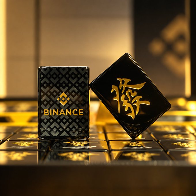 Two Binance-branded black and gold cryptocurrency coins, one displaying the 'BINANCE' logo and the other showing a stylized golden emblem, resting on a tiled golden surface.