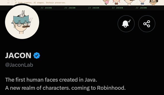 The image shows the Twitter/X profile of "JACON" (@JaconLab) with the bio "The first human faces created in Java. A new realm of characters. coming to Robinhood." The profile avatar features a cartoon character with blue glasses smoking a cigar, matching the AI-generated, code-created aesthetic described in the accompanying post about the upcoming Java-themed NFT mint on the Robinhood chain.