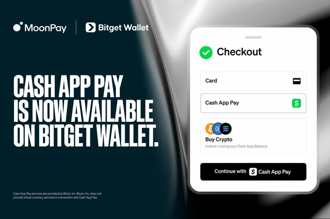 The image is a promotional graphic announcing that "Cash App Pay is now available on Bitget Wallet," featuring the MoonPay and Bitget Wallet logos alongside a checkout screen showing the option to "Continue with Cash App Pay." This visual directly supports the announcement by illustrating how eligible US customers can use their Cash App balance at checkout when buying crypto through MoonPay on Bitget Wallet.