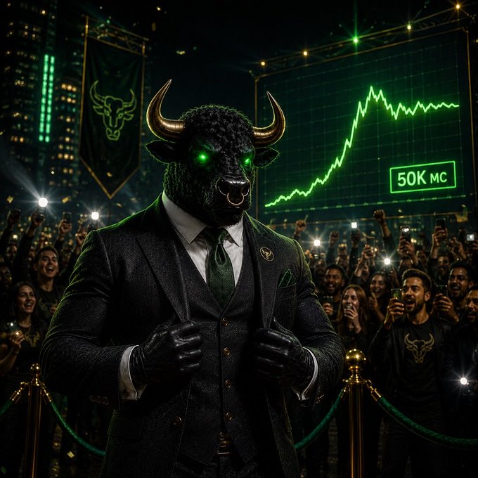A suited figure in a bull mask stands before an adoring crowd and a glowing green chart, with a banner reading "50K MC" matching the post's milestone. The image visualizes the $COMBULL community's rallying energy and market momentum as the token climbs toward greater visibility.