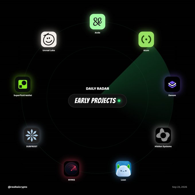A 'DAILY RADAR' graphic titled 'EARLY PROJECTS' features various app icons arranged in a circle, including Ande, Atum, Denom, Hidden Systems, Loan, NYMIS, SUBFROST, Superfluid Wallet, and Unreal Labs.