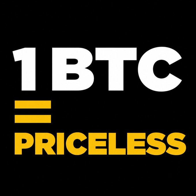 A black graphic with large white text reading '1BTC' and yellow text below stating '= PRICELESS'.