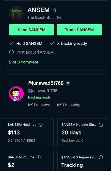 Crypto token tracking profile for $ANSEM ('The Black Bull'), showing options to 'Send $ANSEM' or 'Trade $ANSEM', with 2 of 3 tasks complete, holdings of $1.13 (5.943764 ANSEM), 20-day holding since first buy Jul 6, and volume of $2.