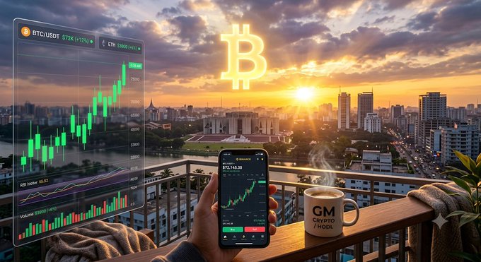 A person holding a smartphone displaying a crypto trading chart on a balcony at sunset, with a holographic BTC candlestick chart overlay showing BTC/USDT at 572K (+12%) and ETH/USD at 5680, alongside a coffee mug reading "GM CRYPTO 7HOOL".