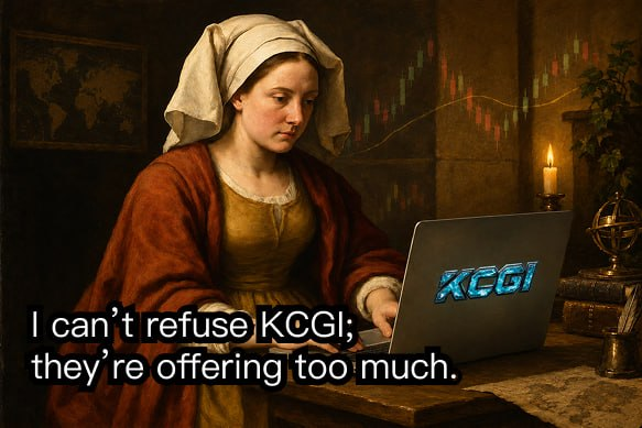 A Renaissance-style painting of a woman in a headdress working on a laptop displaying 'KCGI', with the text 'I can't refuse KCGI; they're offering too much.' overlaid.
