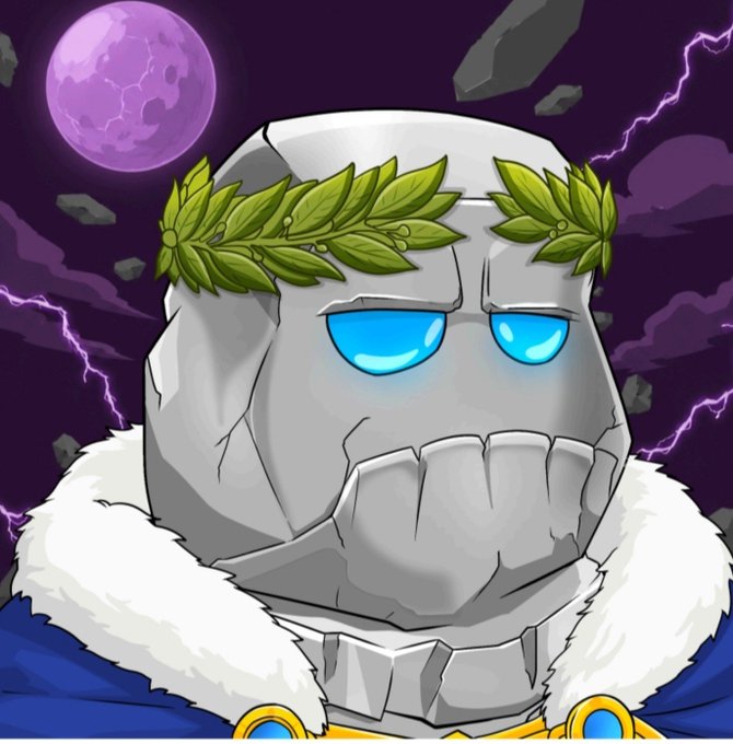 A digital illustration of a stone golem character with glowing blue eyes, wearing a green leaf crown and a fur-trimmed blue cape, set against a dark purple background with lightning and a moon.