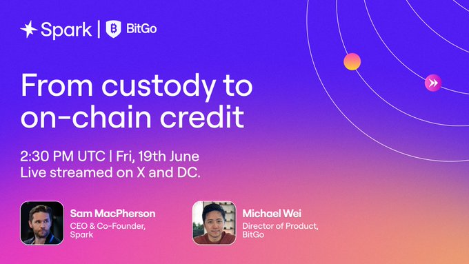 The image features a purple background with white text that reads "From Custody To On-Chain Credit". Below, there are two people's names and their respective positions at a company named Spark. The first person is named Sam MacPherson, while the second person is Michael Wei. They both appear to be involved in the development of an app called @bitgo.