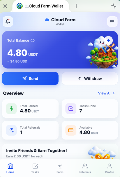 A screenshot of the Cloud Farm Wallet app displaying a total balance of 4.80 USDT (≈ $4.80 USD), with 7 tasks completed and 1 total referral, illustrating the app's task-based USDT farming and referral rewards system advertised in the post.