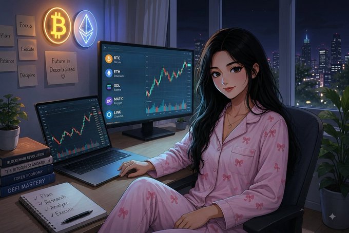 An anime-style illustration of a young woman in pink pajamas sitting at a desk with multiple monitors displaying cryptocurrency price charts for BTC, ETH, SOL, MATIC, and LINK, with Bitcoin and Ethereum neon signs and books titled 'BLOCKCHAIN REVOLUTION' and 'THE BITCOIN STANDARD' nearby.