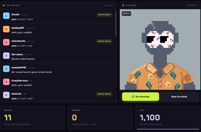 A dashboard displays a live "FOOM ROOM" mint with 11 already minted, 0 pending, and 1,100 of 1,111 total supply remaining, featuring a pixel art character (#0011) alongside a live thesis chat where users request wallet mints, aligning with the smooth mint-in-progress status.