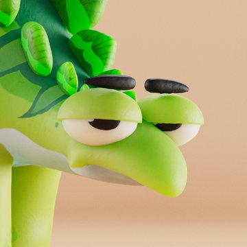 3D rendering of a stylized green frog character with half-closed eyes and dark spots on its head, set against a peach-colored background.