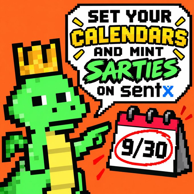 A pixel art promotional image with a green dinosaur wearing a crown, a speech bubble reading "SET YOUR CALENDARS AND MINT SARTIES ON SENTX", and a calendar showing "9/30" on an orange background.