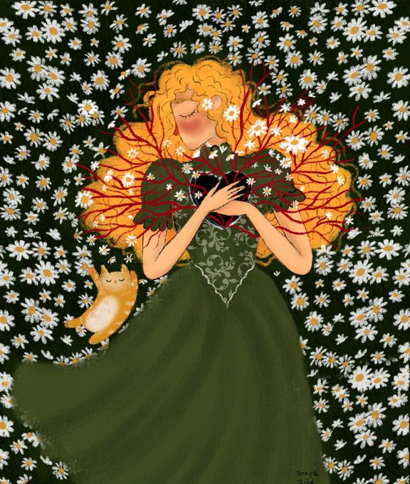 The image features a woman with blonde hair wearing a green dress, holding a heart that has been ripped apart by red vines. The woman appears to be lying down amidst a field of white flowers. Below her, there are two small animals - a cat and a bird. The image is accompanied by a caption that reads "GE my fam I feel like this piece is not appreciated enough Held By Kindness".