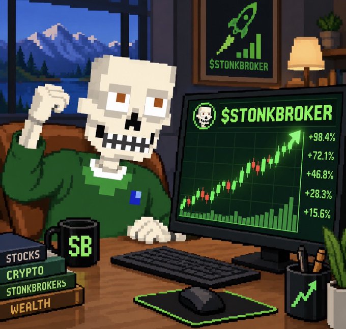 Pixel art style illustration of a skeleton character in a green sweater at a desk with a computer screen displaying "$$TONKBROKER" alongside a rising green stock chart with percentage gains up to 98.4%.
