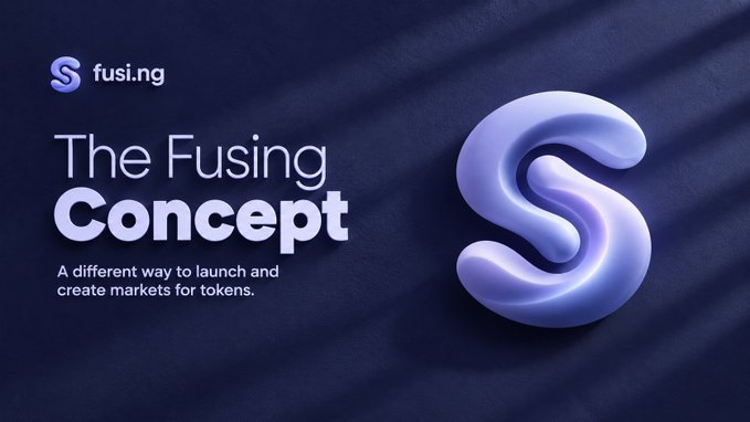 A sleek purple promotional banner for fusi.ng featuring a 3D 'S' logo and the tagline 'The Fusing Concept - A different way to launch and create markets for tokens.'