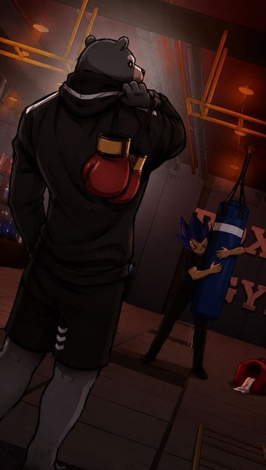 An anime-style illustration of an anthropomorphic bear in boxing gear with red gloves facing off against a blue-haired character holding a punching bag in a gym.