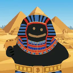 A cartoon character dressed as an Egyptian pharaoh with a black hood and striped headdress, standing in front of pyramids in a desert setting.