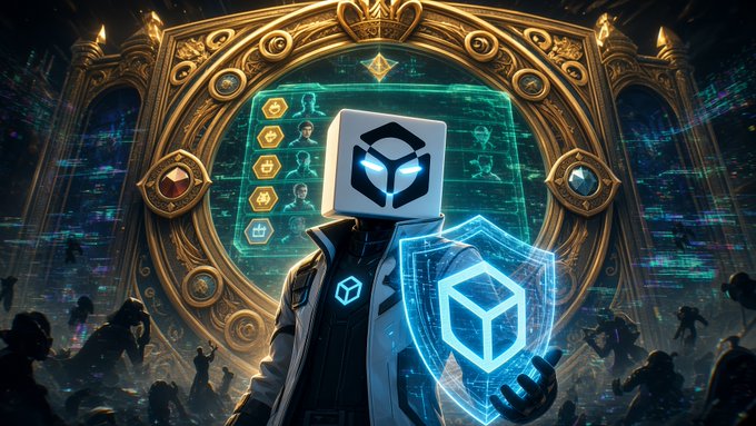 A digital artwork featuring a futuristic figure with a cube-shaped head displaying a glowing logo, holding a holographic shield in front of an ornate golden portal.