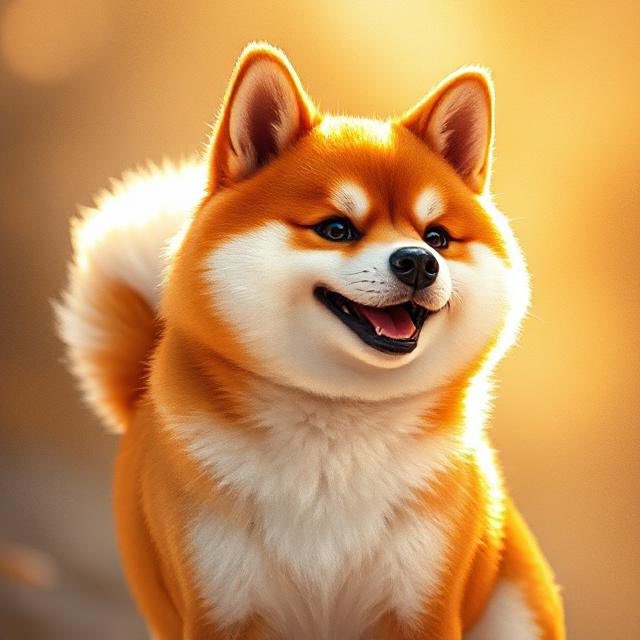A Shiba Inu dog, the mascot of the $SHIB cryptocurrency, smiles brightly against a warm, golden background. The image's orange and white canine directly represents the Shiba Inu token referenced in the accompanying post.