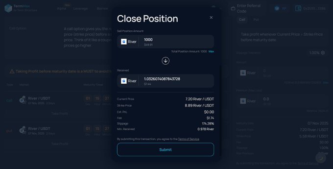 A screenshot of a cryptocurrency trading platform interface (TerraLea) showing a 'Close Position' modal with details for a 'River / USDT' call option, displaying a sell position amount of 1000 River, a current price of 7.20 River/USDT, and a strike price of 8.89 River/USDT.