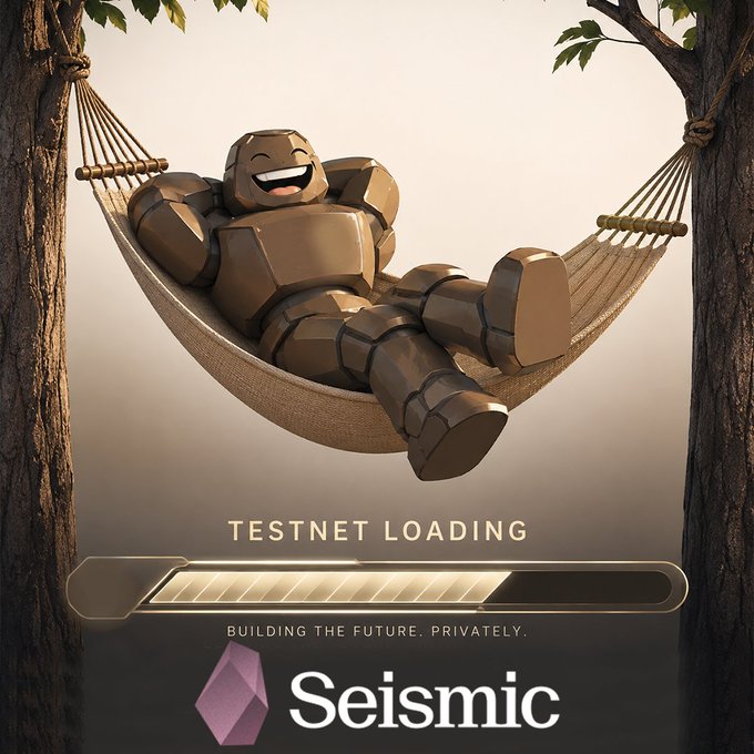 A promotional image for 'Seismic' testnet loading featuring a golden stone golem character relaxing in a hammock strung between trees, with the tagline 'Building the future. privately.'