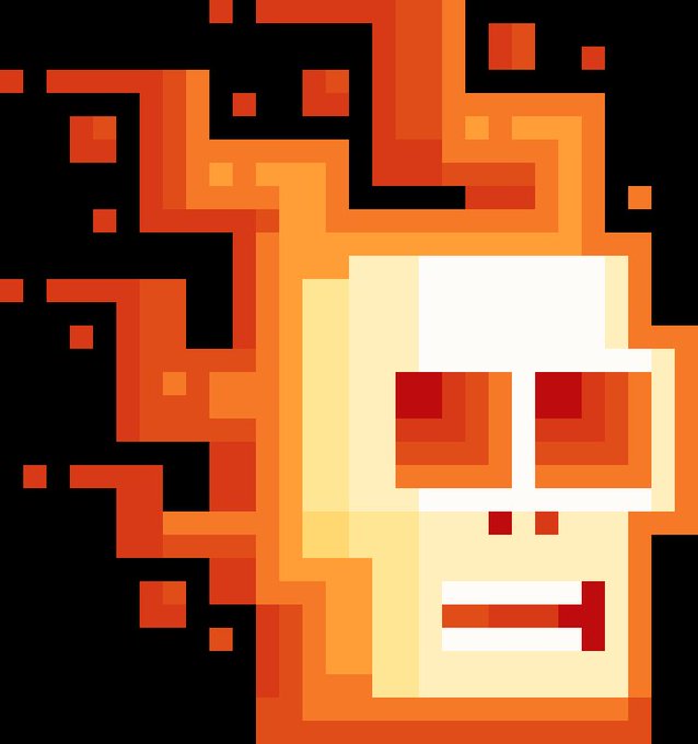 A pixel art illustration features a beige skull with red eyes and teeth surrounded by orange and red blocks against a black background.