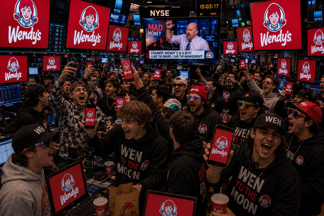 The image shows a group of people gathered around a table, with some holding up signs that say "WEN THE MONSTER". There are also laptops and other items on the table. The scene appears to be taking place at a market or event where people have come together to express their opinions about a particular issue or cause.