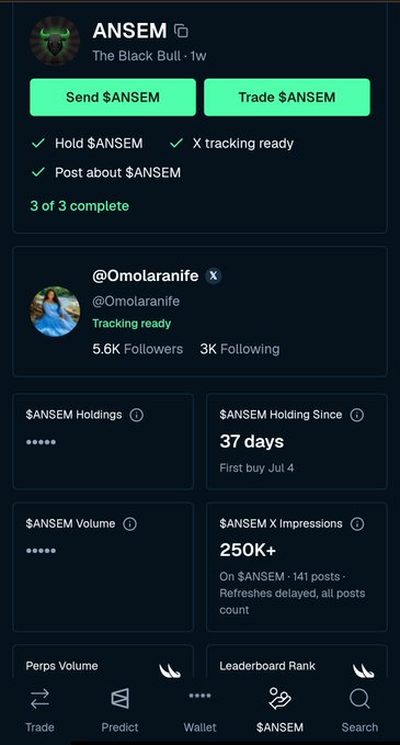 A mobile screenshot displays an "$ANSEM" profile on "The Black Bull" platform showing @Omolaranife with 5.6K Followers, "Tracking ready," and 37 days holding $ANSEM, which directly visualizes the poster's claim of holding $ANSEM for 37 days and reinforces their ongoing bullish commitment to the token despite recent struggles.