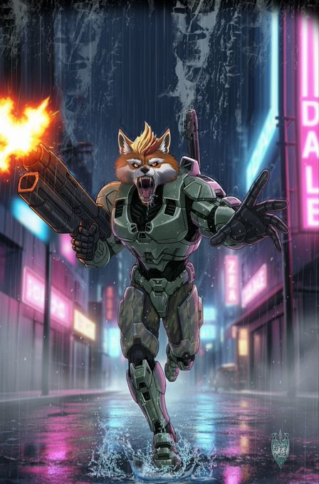 Cyberpunk-style digital art of an anthropomorphic fox/feline character in green military armor (resembling Master Chief) running through a rainy neon-lit city street while firing a large weapon.