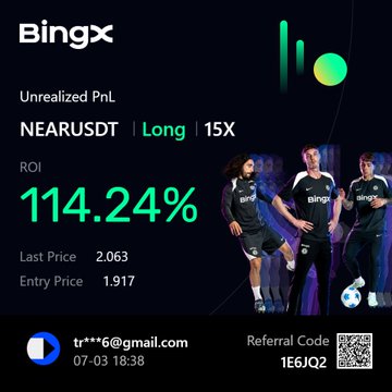 The image shows a BingX trading position screenshot for **NEARUSDT Long 15X** with an unrealized ROI of **114.24%**, an entry price of 1.917, and last price of 2.063, along with a referral code "1E6JQ2" and a soccer team background. It visually supports the post celebrating another 100%+ gain on $NEAR, highlighting a clean, early entry setup rather than chasing FOMO.