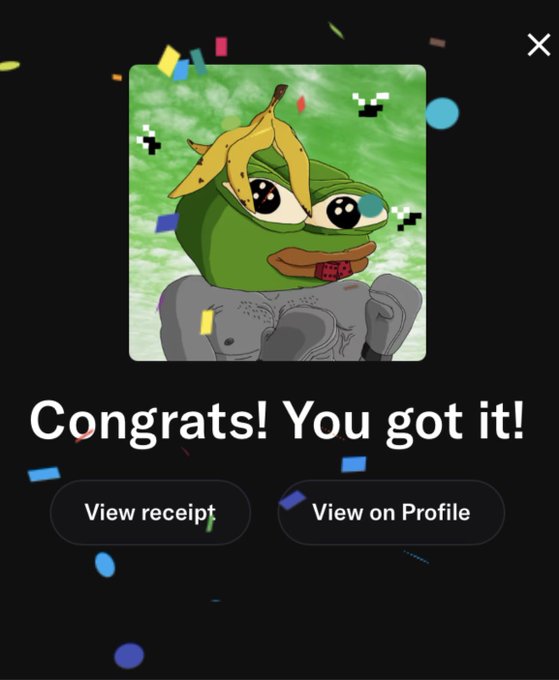 A 'Congrats! You got it!' success screen displays a digital card featuring a Pepe the Frog character with a banana peel on its head, with buttons to 'View receipt' or 'View on Profile' amidst confetti.
