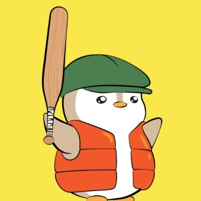 A cartoon illustration of a white penguin wearing a green cap and an orange puffy vest, holding a wooden baseball bat against a yellow background.