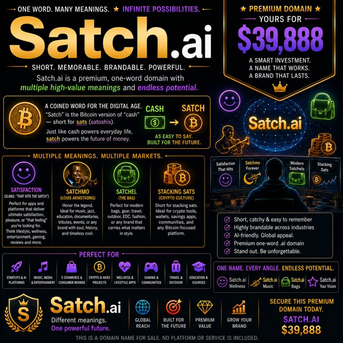 A promotional graphic advertising the premium domain name 'Satch.ai' for sale for $39,888, highlighting its multiple meanings and potential uses in various markets.