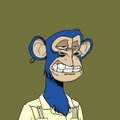 A pixel art illustration of a blue anthropomorphic mouse or rodent character with a wide toothy grin, wearing a light-colored hoodie against an olive green background.