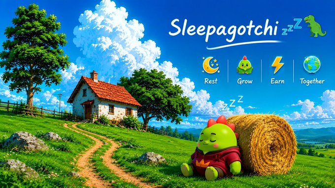 The image is promotional artwork for "Sleepagotchi," featuring a cute green dinosaur mascot wearing a red hoodie sleeping against a hay bale, with the tagline "Sleepagotchi" and icons representing "Rest," "Grow," "Earn," and "Together." The charming farm setting and sleepy mascot visually reinforce the project's focus on building healthy sleep habits through its AI Sleep Coach and other features mentioned in the post.