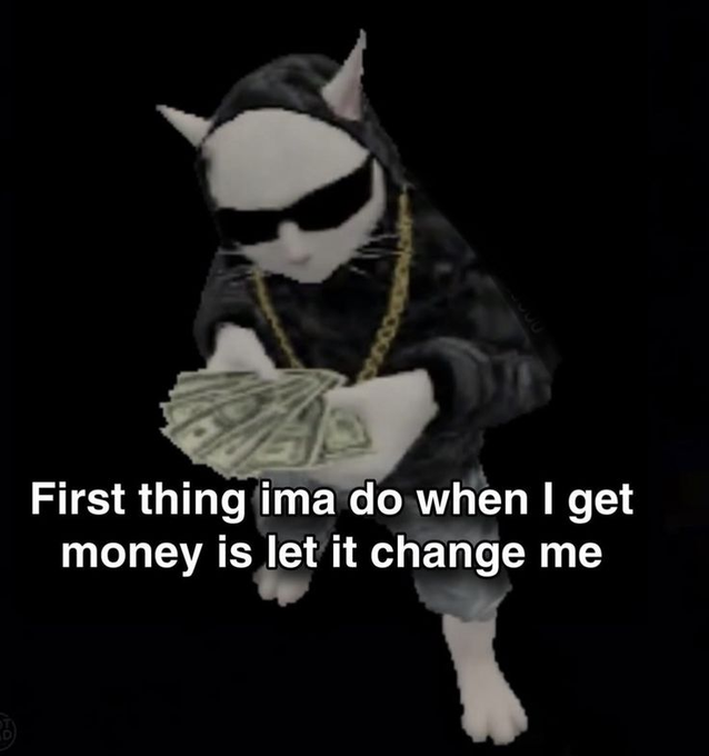 A white cat wearing sunglasses, a gold chain, and a black hoodie clutches a fan of cash, with overlaid text reading "First thing ima do when I get money is let it change me."

The post appears to reference Convex (a crypto/Web3 platform) and playfully links to the meme's theme of money changing someone—implying that without monitoring tools, users wouldn't know what people do once funds (or tokens) are deployed.