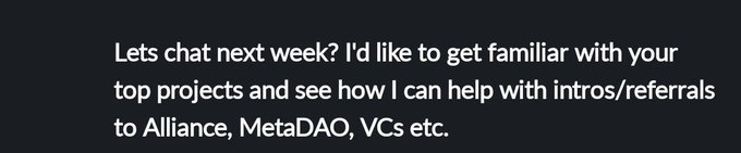 A message reads: "Lets chat next week? I'd like to get familiar with your top projects and see how I can help with intros/referrals to Alliance, MetaDAO, VCs etc." The screenshot illustrates the type of outreach and connection-building the speaker describes as central to their work, directly supporting the post's point about opening doors for African crypto builders through facilitating introductions to key networks and investors like Alliance, MetaDAO, and VCs.