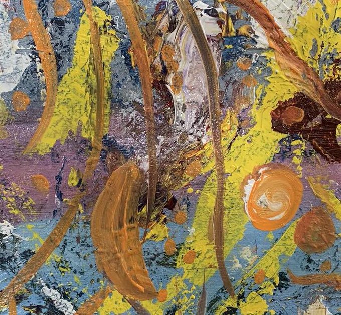 A vibrant abstract painting featuring bold swirls and streaks of yellow, orange, blue, and brown paint, with looping curved lines and circular dabs that suggest the energetic, playful forms referenced in the title "Yellow Gorilla Orange Banana."