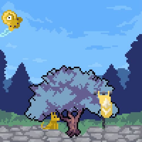 A pixel art scene depicting a yellow cat-like figure standing near a tree, with a yellow creature floating nearby and a blue sky with clouds above.