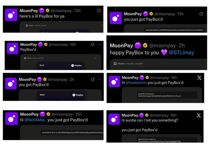 This image displays multiple screenshots of tweets from "MoonPay" announcing users have been "PayBox'd", which directly relates to the post's mention of "MoonPay: you just got PayBox'd".