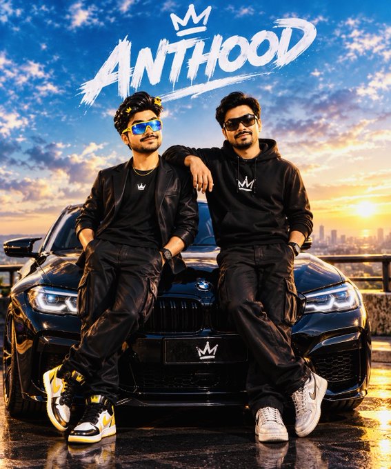 A promotional graphic titled 'ANTHOOD' featuring two men in black outfits and sunglasses posing in front of a black BMW car with a sunset cityscape background.