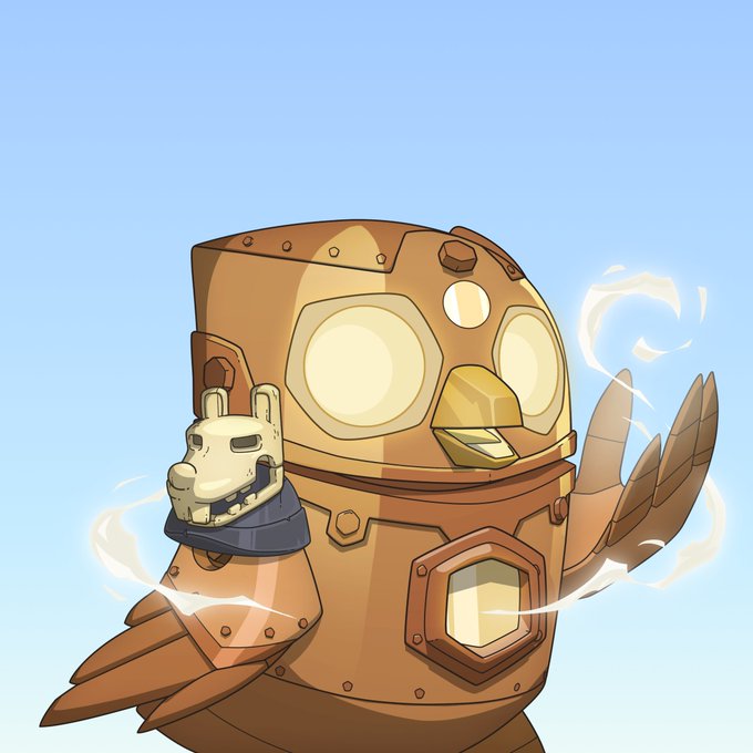 Digital illustration of a mechanical owl character with glowing yellow eyes and brown wings, holding a small rabbit-like figure against a light blue sky.