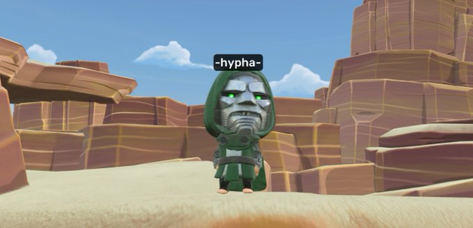 A chibi-style Doctore villain stands in a stylized desert canyon landscape under a sunny sky, with the username "-hypha-" displayed above its head. The image promotes Otherside, an NFT/metaverse project, as part of an invitation to join their platform at otherside.xyz.