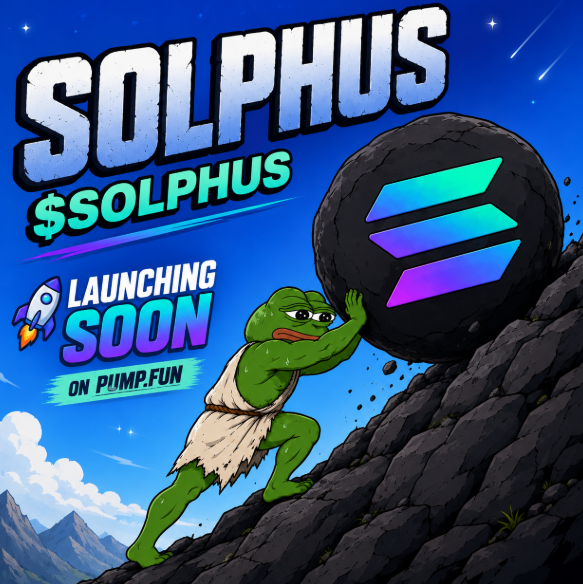 A promotional graphic features the text 'SOLPHUS', '$SOLPHUS', and 'LAUNCHING SOON ON PUMP.FUN' alongside a cartoon Pepe the Frog character pushing a large rock up a hill.